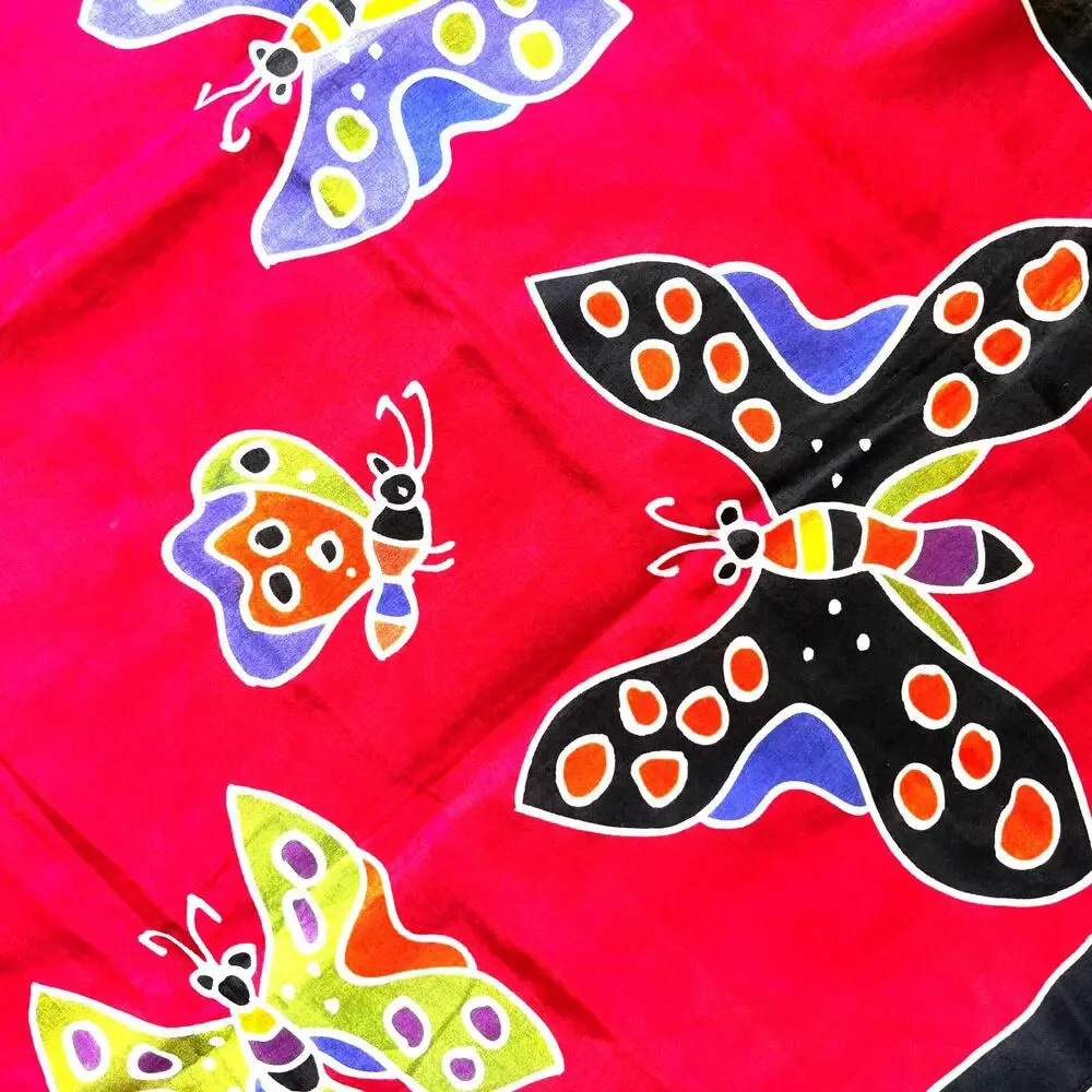 Vintage silk scarf red square black border & mod multi color butterflies motif